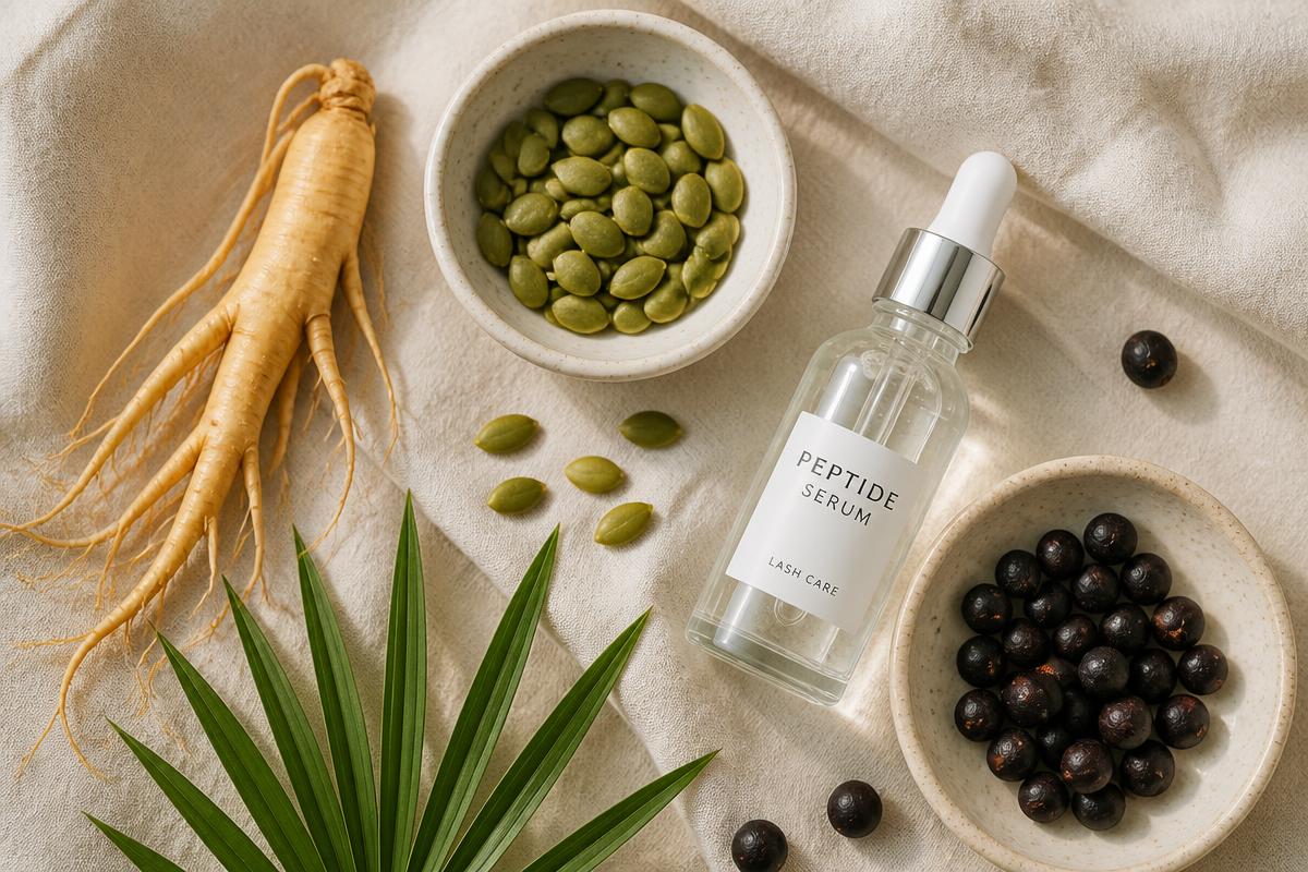 Ginseng root, pumpkin seeds, saw palmetto berries and peptide serum on cream linen