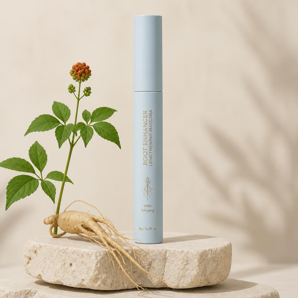 Blushe Growth Wand mascara tube on a stone pedestal with ginseng
